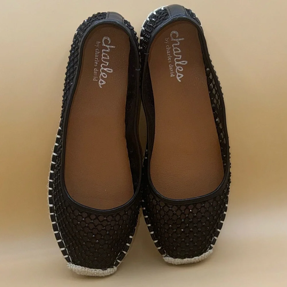 Charles by Charles David Black Beaded Mesh Espadrille‎ Flats, Women’s 6, EUC